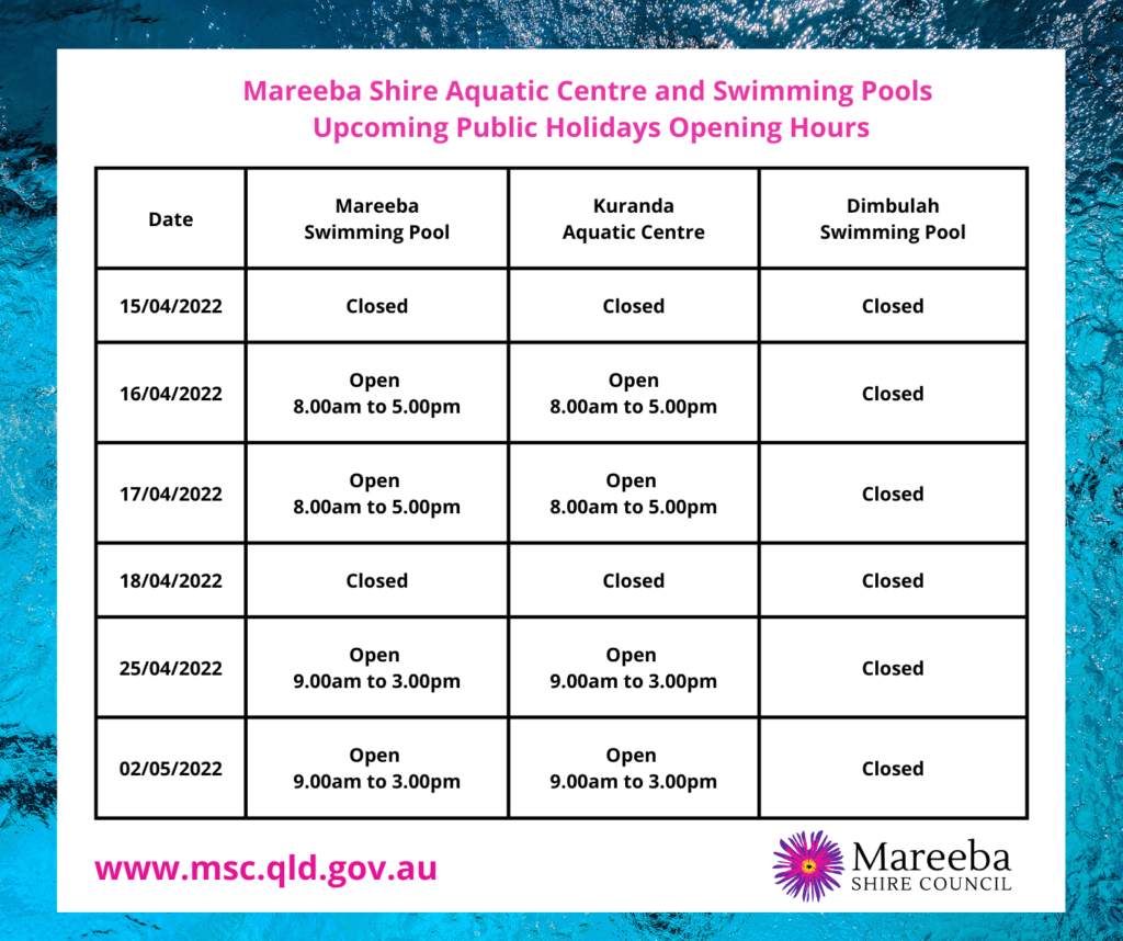 2022 Table Holiday Swimming Pool opening hours Mareeba Shire Council
